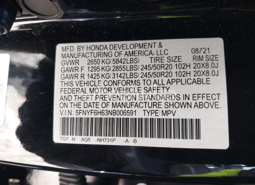 Photo 9 of 2022 Honda Pilot AWD TOURING 7 PASSENGER (VIN 5FNYF6H63NB006591)