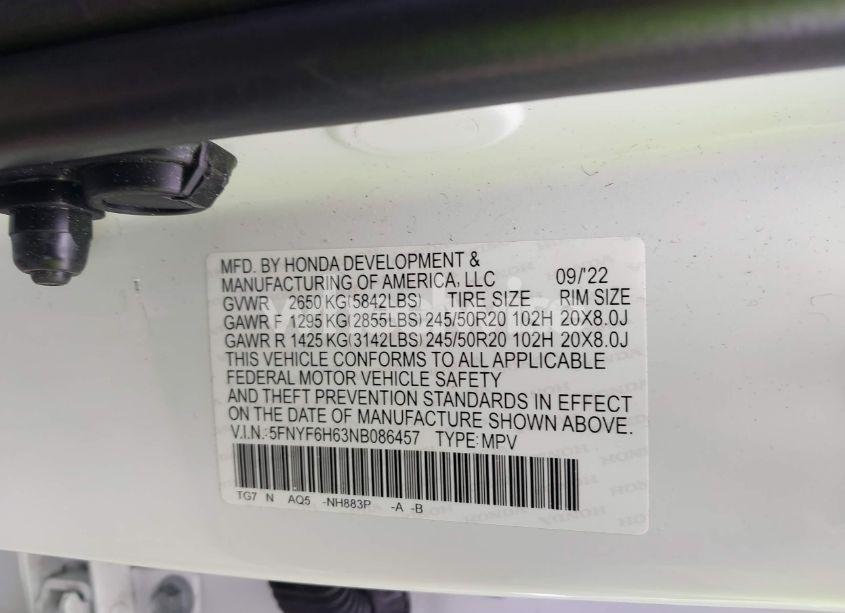 Photo 9 of 2022 Honda Pilot AWD TOURING 7 PASSENGER (VIN 5FNYF6H63NB086457)