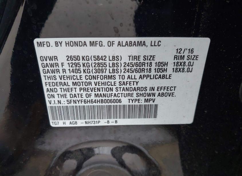 Photo 9 of 2017 Honda Pilot EX-L (VIN 5FNYF6H64HB006006)