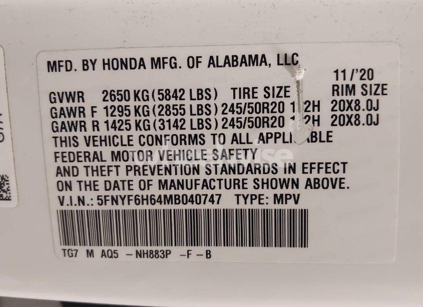 Photo 9 of 2021 Honda Pilot AWD TOURING 7 PASSENGER (VIN 5FNYF6H64MB040747)