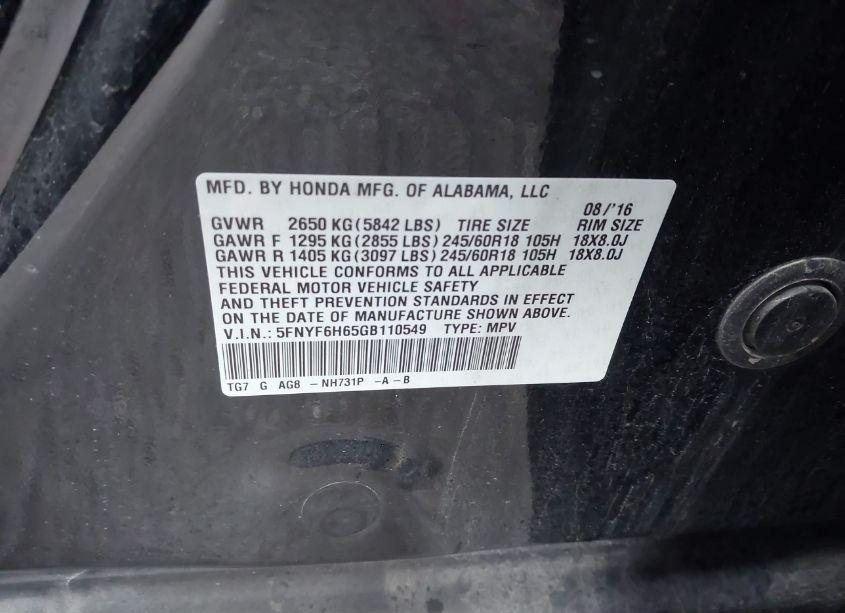 Photo 9 of 2016 Honda Pilot EX-L (VIN 5FNYF6H65GB110549)