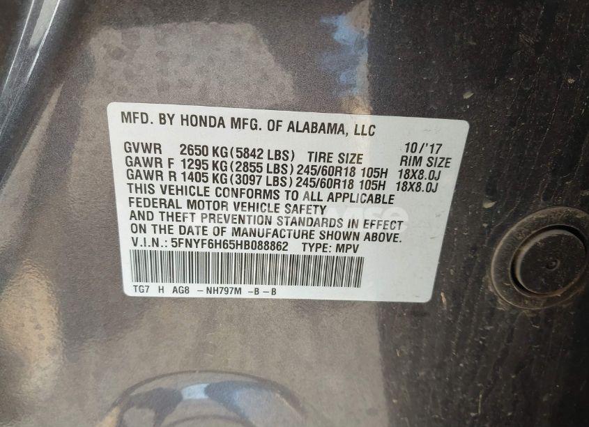 Photo 9 of 2017 Honda Pilot EX-L (VIN 5FNYF6H65HB088862)