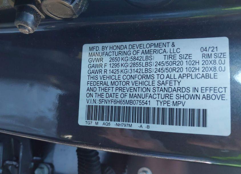 Photo 9 of 2021 Honda Pilot AWD TOURING 7 PASSENGER (VIN 5FNYF6H65MB075541)