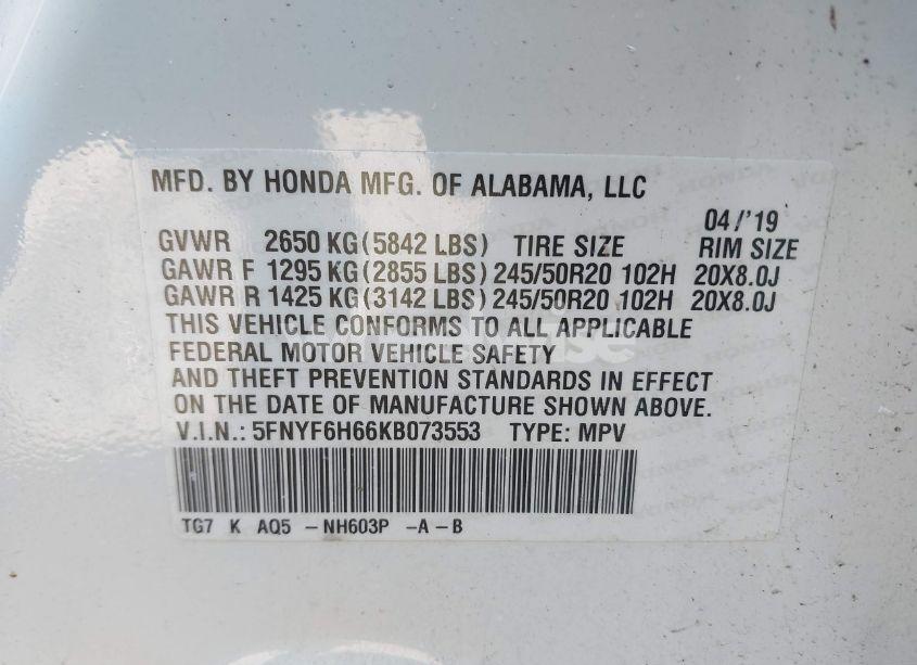 Photo 9 of 2019 Honda Pilot TOURING (VIN 5FNYF6H66KB073553)