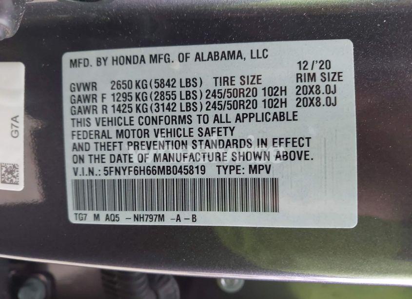 Photo 9 of 2021 Honda Pilot AWD TOURING 7 PASSENGER (VIN 5FNYF6H66MB045819)