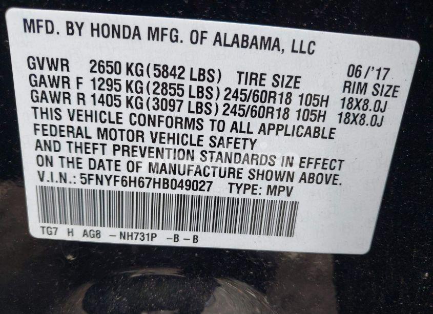 Photo 9 of 2017 Honda Pilot EX-L (VIN 5FNYF6H67HB049027)