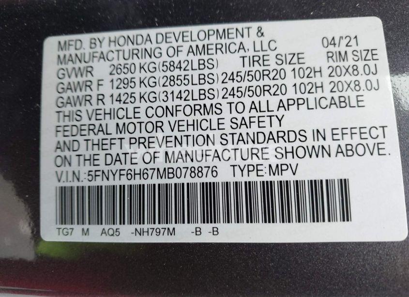 Photo 9 of 2021 Honda Pilot AWD TOURING 7 PASSENGER (VIN 5FNYF6H67MB078876)