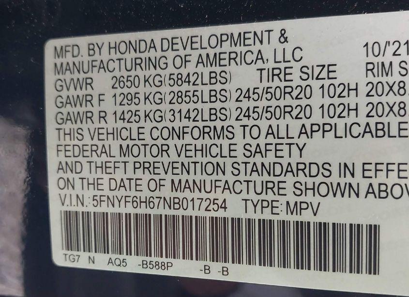 Photo 9 of 2022 Honda Pilot AWD TOURING 7 PASSENGER (VIN 5FNYF6H67NB017254)