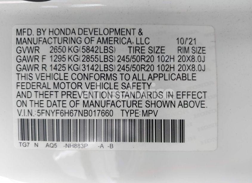 Photo 9 of 2022 Honda Pilot AWD TOURING 7 PASSENGER (VIN 5FNYF6H67NB017660)