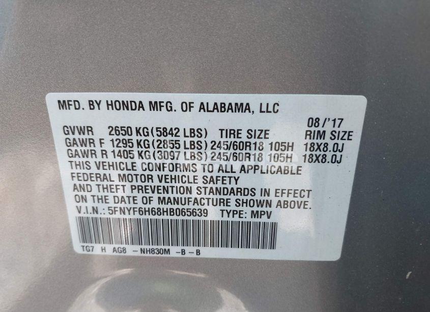 Photo 9 of 2017 Honda Pilot EX-L (VIN 5FNYF6H68HB065639)