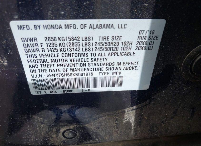 Photo 9 of 2019 Honda Pilot TOURING (VIN 5FNYF6H68KB001978)