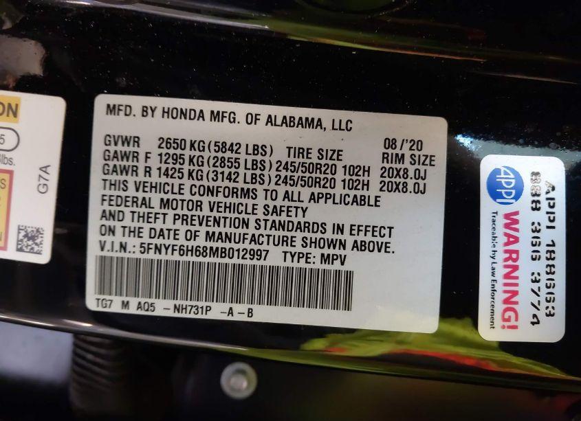 Photo 9 of 2021 Honda Pilot AWD TOURING 7 PASSENGER (VIN 5FNYF6H68MB012997)