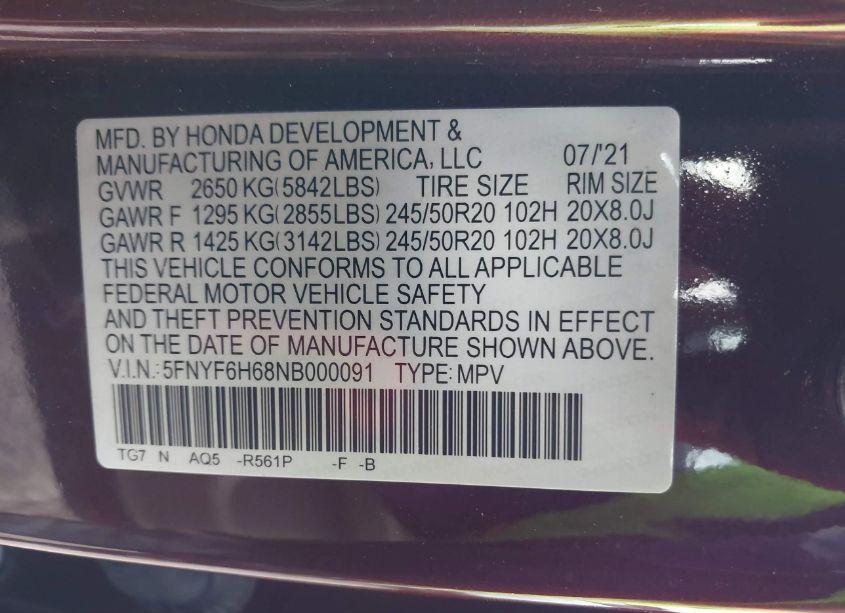 Photo 9 of 2022 Honda Pilot AWD TOURING 7 PASSENGER (VIN 5FNYF6H68NB000091)