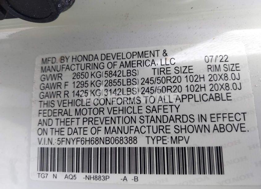 Photo 9 of 2022 Honda Pilot AWD TOURING 7 PASSENGER (VIN 5FNYF6H68NB068388)