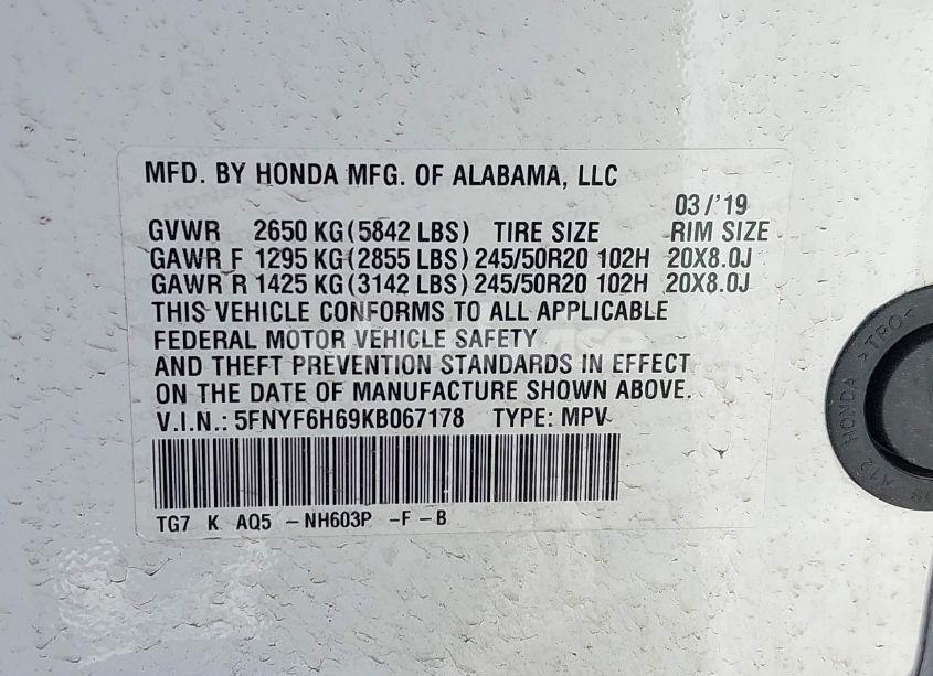 Photo 9 of 2019 Honda Pilot TOURING (VIN 5FNYF6H69KB067178)