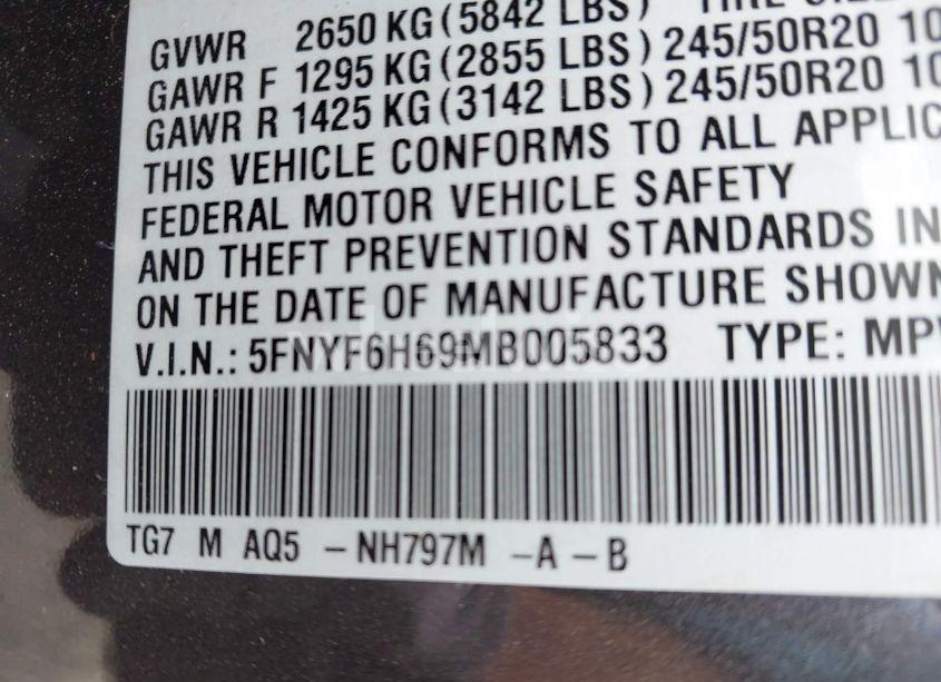 Photo 9 of 2021 Honda Pilot AWD TOURING 7 PASSENGER (VIN 5FNYF6H69MB005833)