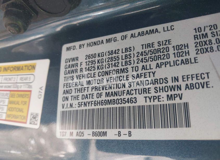 Photo 9 of 2021 Honda Pilot AWD TOURING 7 PASSENGER (VIN 5FNYF6H69MB035463)