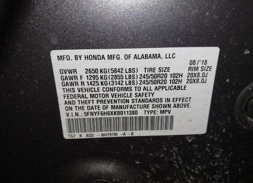 Photo 9 of 2019 Honda Pilot TOURING (VIN 5FNYF6H6XKB011380)