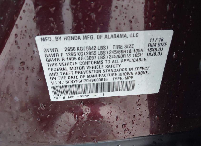 Photo 9 of 2017 Honda Pilot EX-L (VIN 5FNYF6H70HB000616)