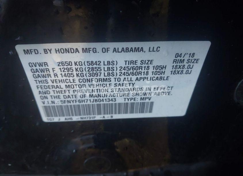 Photo 9 of 2018 Honda Pilot EX-L (VIN 5FNYF6H71JB041343)