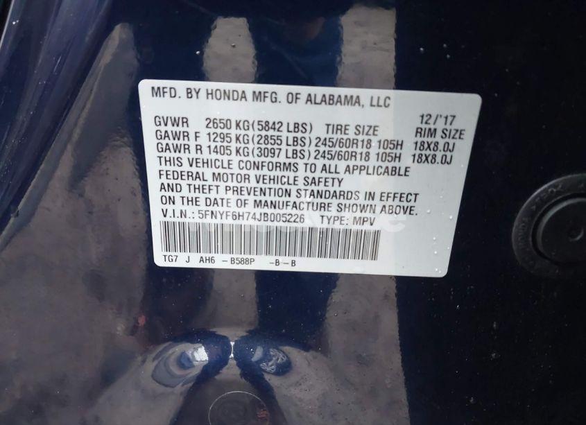 Photo 9 of 2018 Honda Pilot EX-L (VIN 5FNYF6H74JB005226)