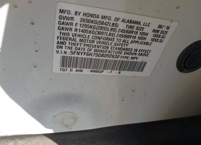Photo 9 of 2016 Honda Pilot EX-L (VIN 5FNYF6H75GB092630)