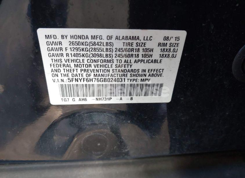 Photo 9 of 2016 Honda Pilot EX-L (VIN 5FNYF6H76GB024031)