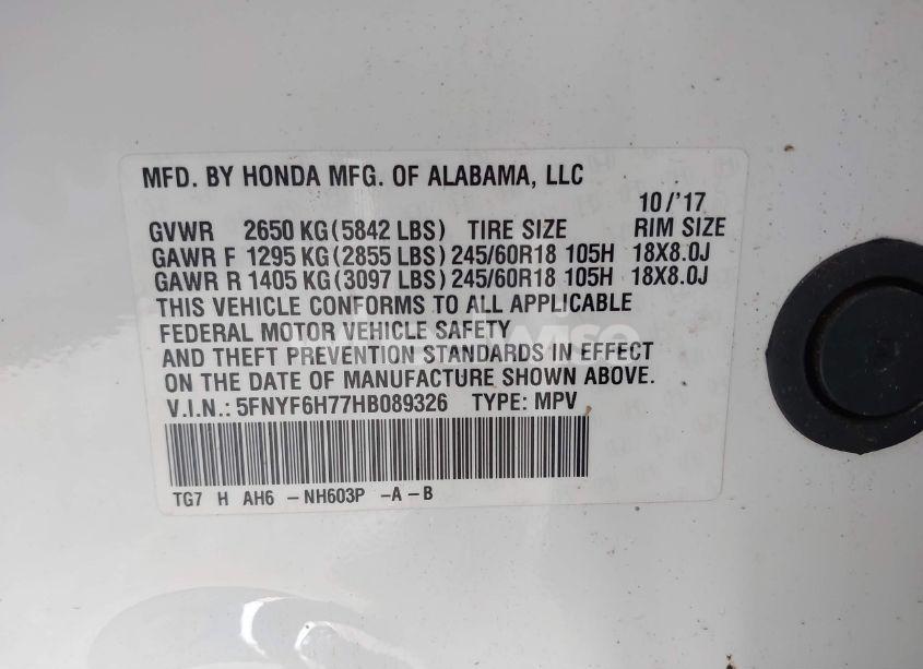 Photo 9 of 2017 Honda Pilot EX-L (VIN 5FNYF6H77HB089326)