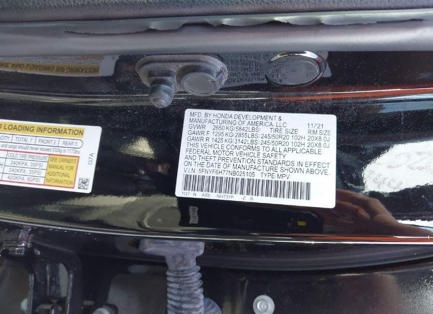 Photo 9 of 2022 Honda Pilot AWD BLACK EDITION (VIN 5FNYF6H77NB025105)