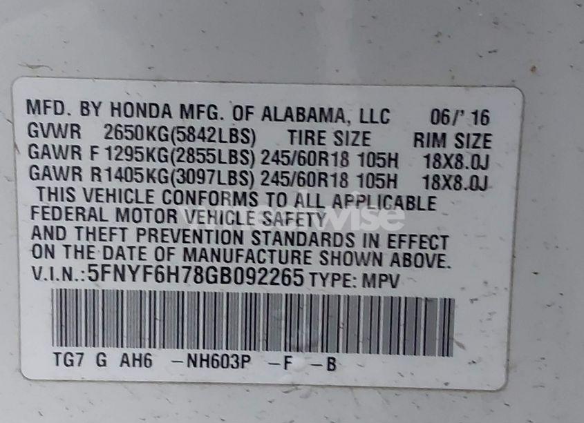 Photo 9 of 2016 Honda Pilot EX-L (VIN 5FNYF6H78GB092265)