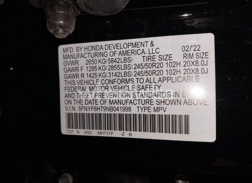 Photo 9 of 2022 Honda Pilot AWD BLACK EDITION (VIN 5FNYF6H79NB041998)