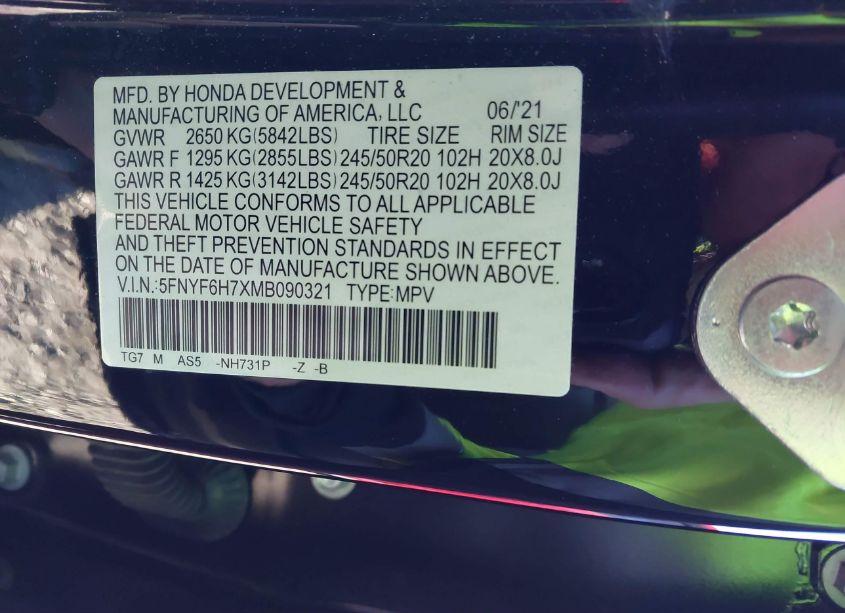 Photo 9 of 2021 Honda Pilot AWD BLACK EDITION (VIN 5FNYF6H7XMB090321)