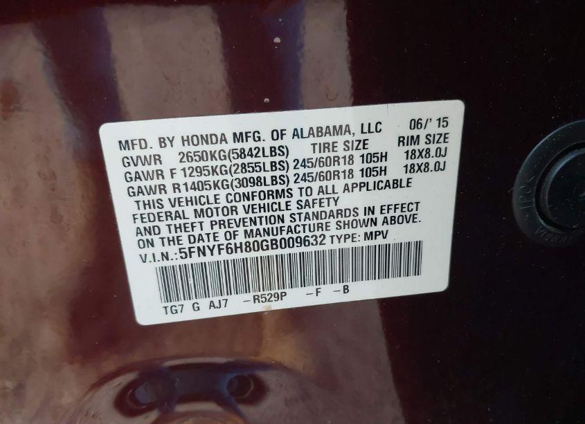 Photo 9 of 2016 Honda Pilot EX-L (VIN 5FNYF6H80GB009632)