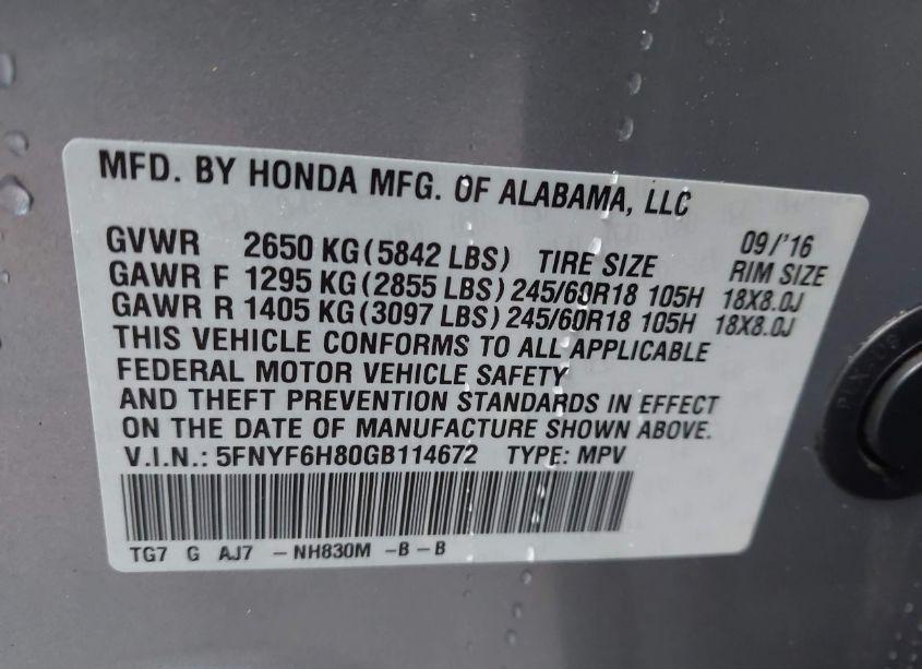 Photo 9 of 2016 Honda Pilot EX-L (VIN 5FNYF6H80GB114672)