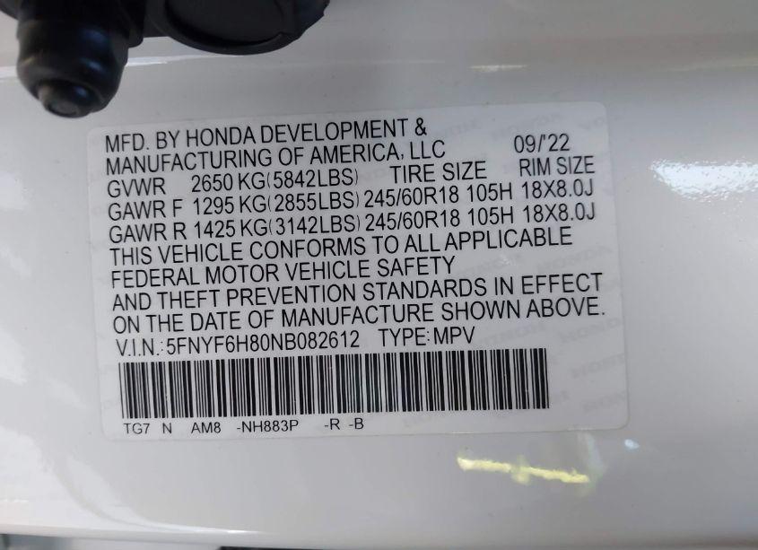 Photo 9 of 2022 Honda Pilot AWD TRAILSPORT (VIN 5FNYF6H80NB082612)