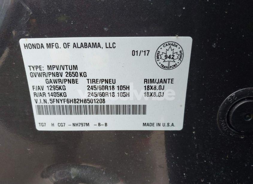 Photo 9 of 2017 Honda Pilot EX-L (VIN 5FNYF6H82HB501208)