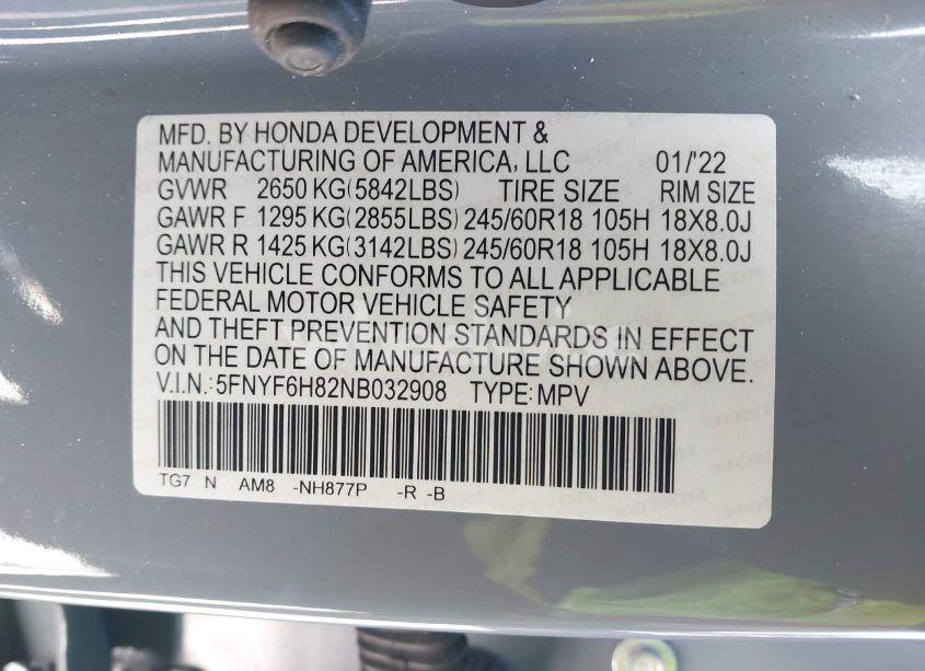 Photo 9 of 2022 Honda Pilot AWD TRAILSPORT (VIN 5FNYF6H82NB032908)