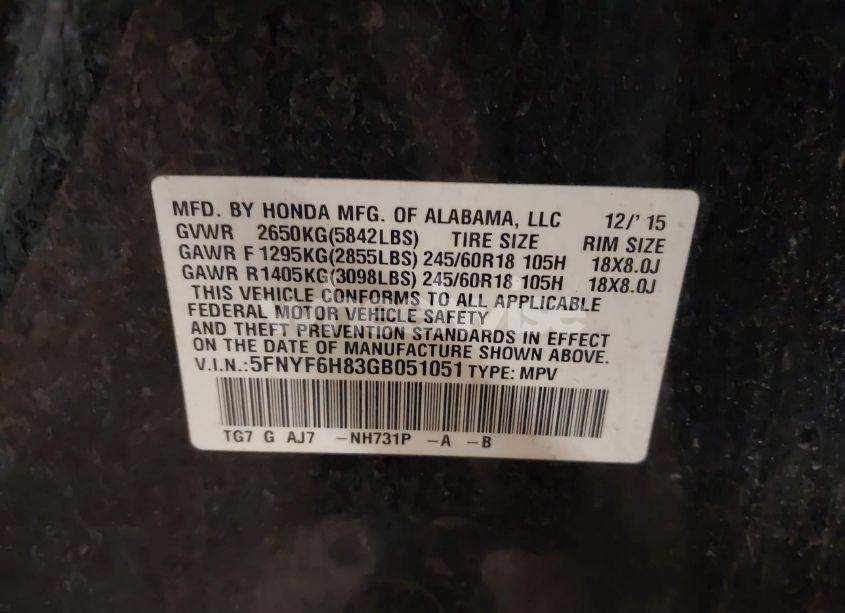 Photo 9 of 2016 Honda Pilot EX-L (VIN 5FNYF6H83GB051051)