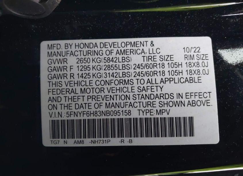 Photo 9 of 2022 Honda Pilot AWD TRAILSPORT (VIN 5FNYF6H83NB095158)