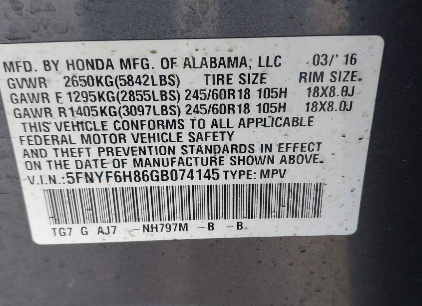 Photo 9 of 2016 Honda Pilot EX-L (VIN 5FNYF6H86GB074145)