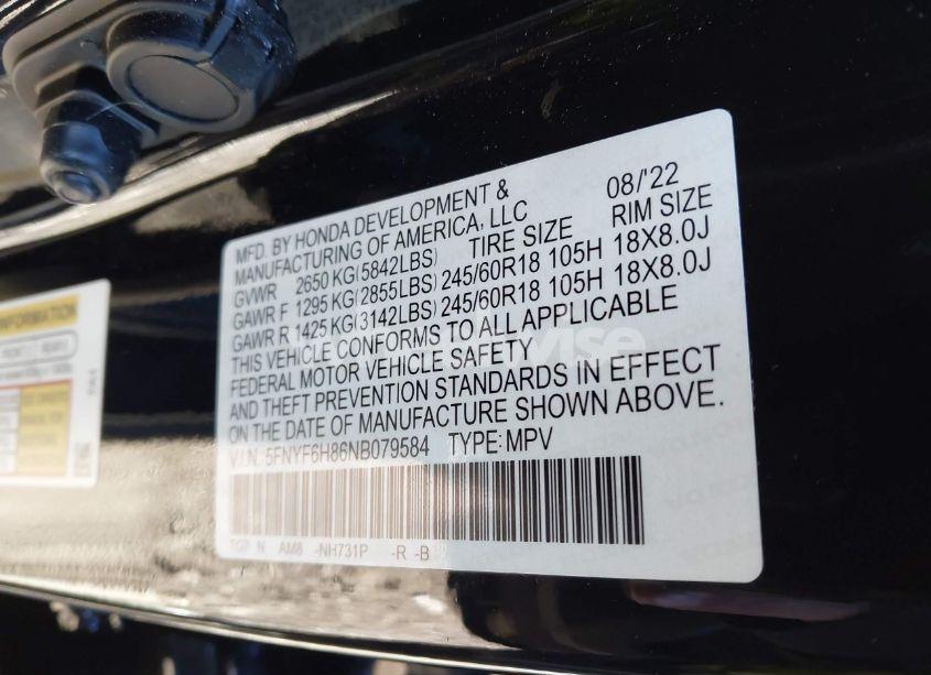 Photo 17 of 2022 Honda Pilot AWD TRAILSPORT (VIN 5FNYF6H86NB079584)