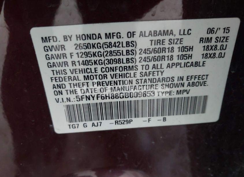 Photo 9 of 2016 Honda Pilot EX-L (VIN 5FNYF6H88GB009653)