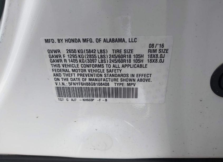 Photo 9 of 2016 Honda Pilot EX-L (VIN 5FNYF6H88GB108408)