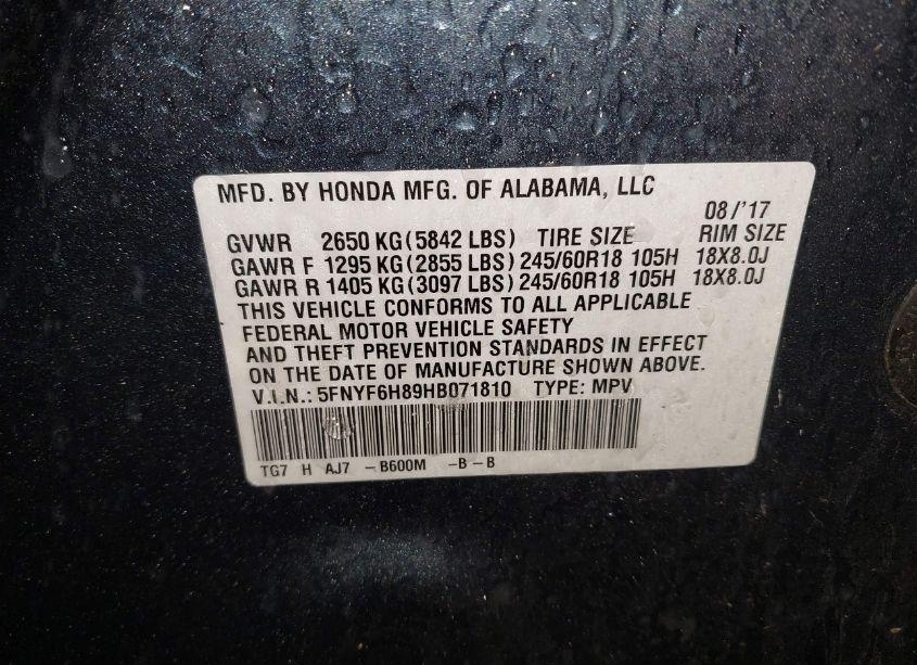 Photo 9 of 2017 Honda Pilot EX-L (VIN 5FNYF6H89HB071810)