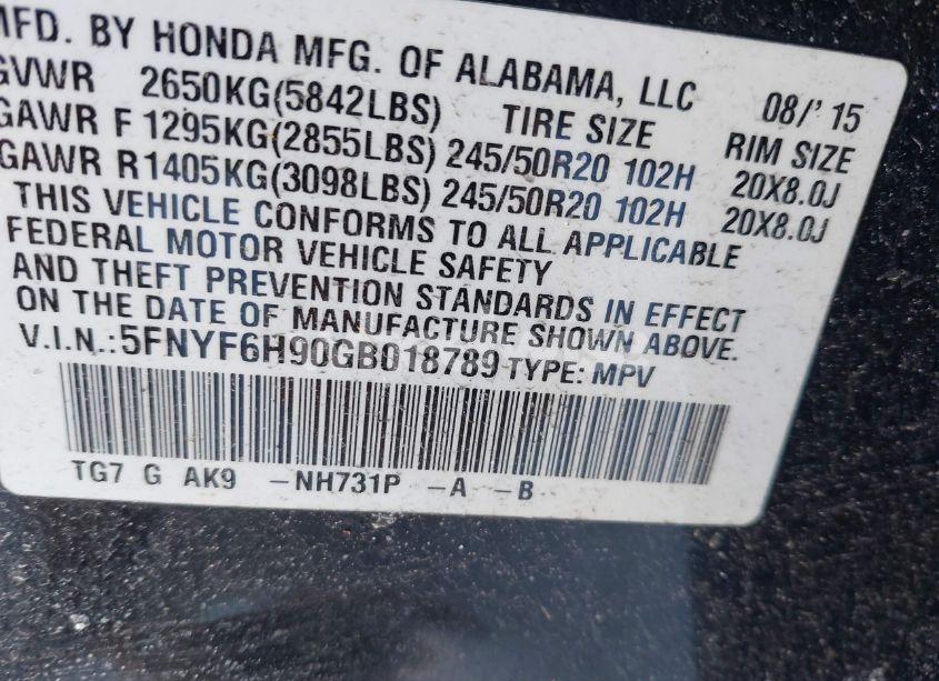 Photo 9 of 2016 Honda Pilot (VIN 5FNYF6H90GB018789)