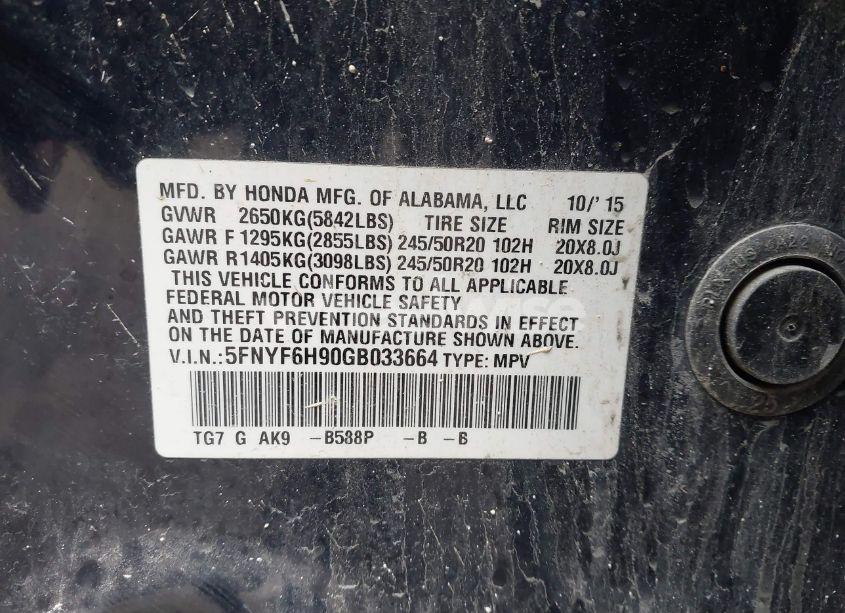 Photo 9 of 2016 Honda Pilot TOURING (VIN 5FNYF6H90GB033664)