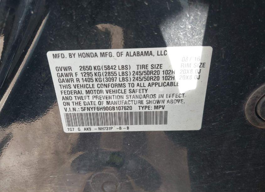 Photo 9 of 2016 Honda Pilot TOURING (VIN 5FNYF6H90GB107620)