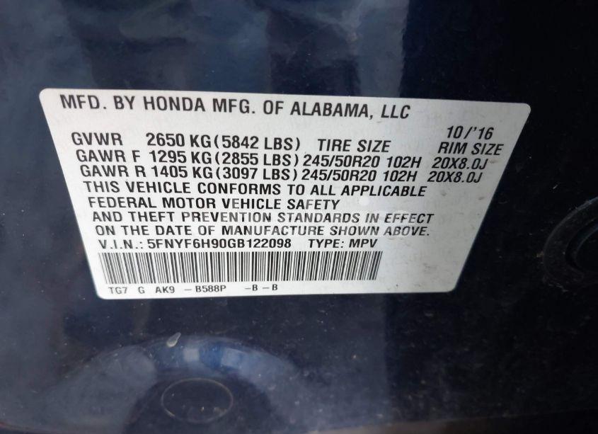 Photo 9 of 2016 Honda Pilot TOURING (VIN 5FNYF6H90GB122098)