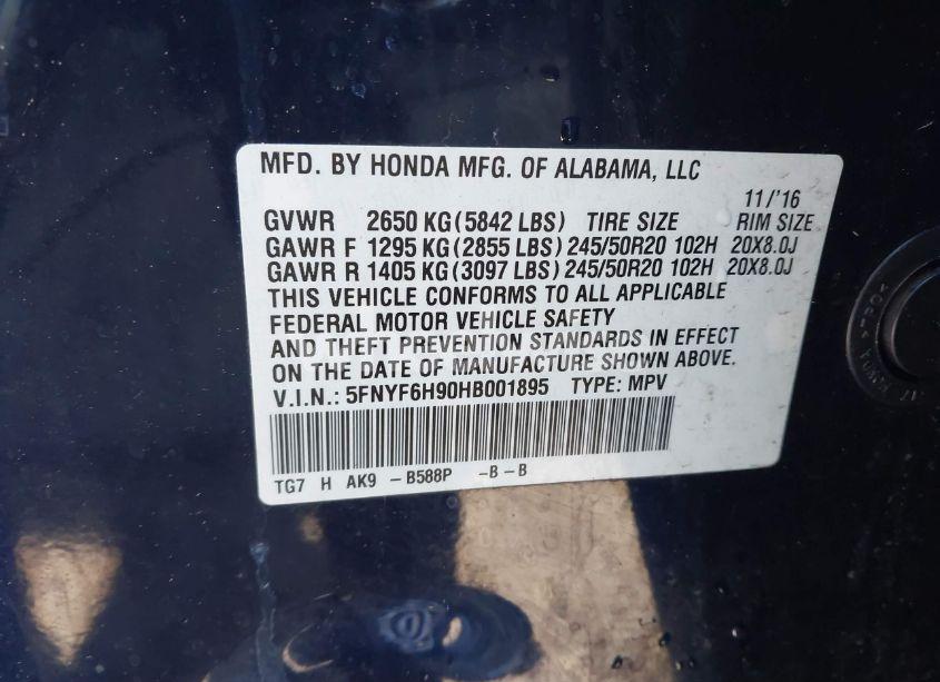 Photo 9 of 2017 Honda Pilot TOURING (VIN 5FNYF6H90HB001895)