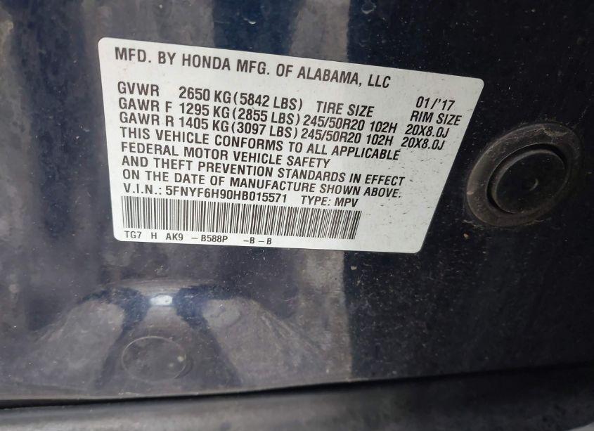 Photo 9 of 2017 Honda Pilot TOURING (VIN 5FNYF6H90HB015571)